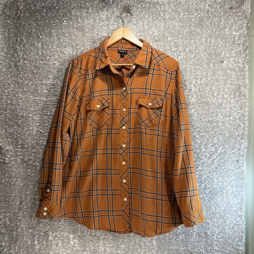 Torrid Plaid Button Up Long Sleeve Shirt Brown 0, L , 10, 12 Western Casual
